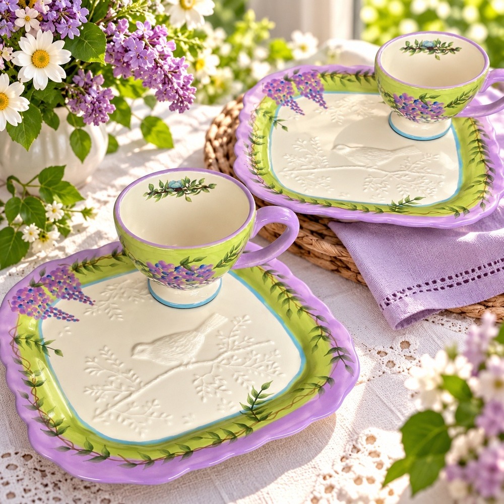 Home Interiors Wisteria Collection Tea Snack Set 4pc Lavender Green Bird Floral